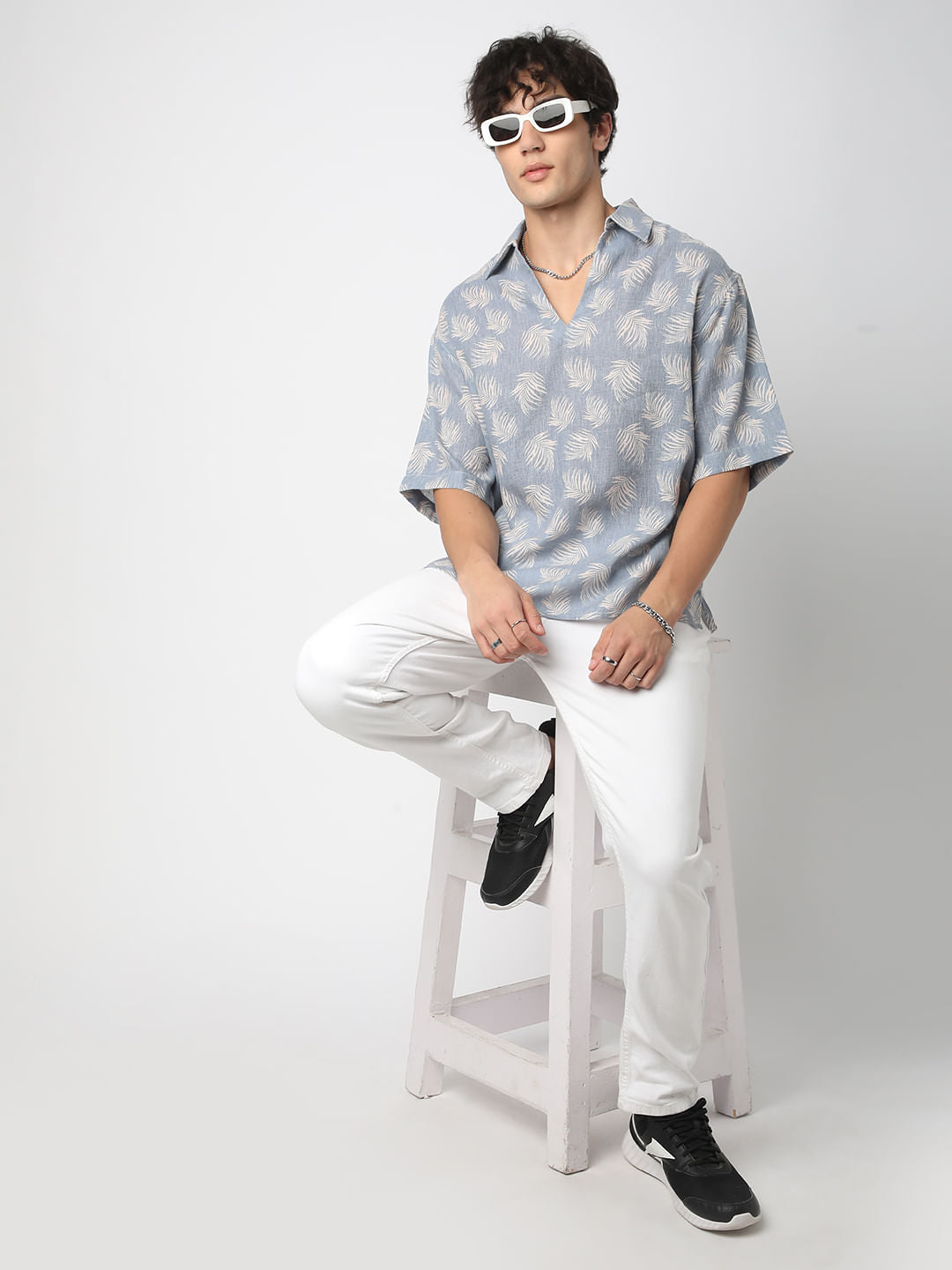 Powder Blue Coco Leaf Printed Burlap Oversized Polo Shirt