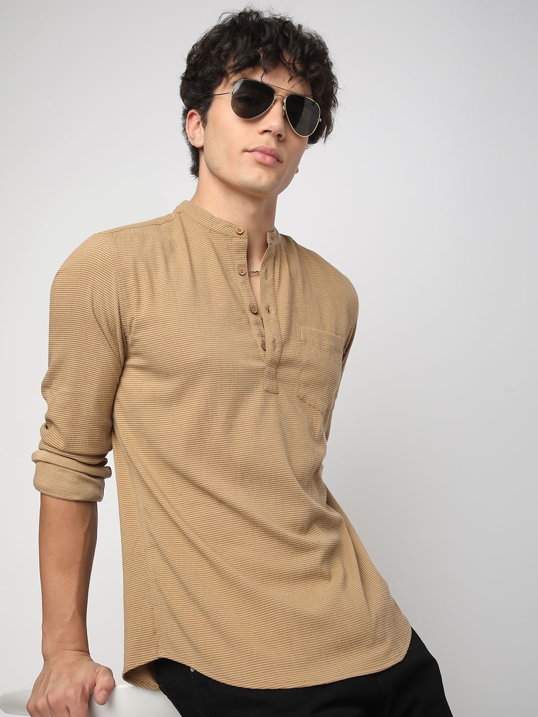 Khaki Horizontal Striped Seersucker Kurta