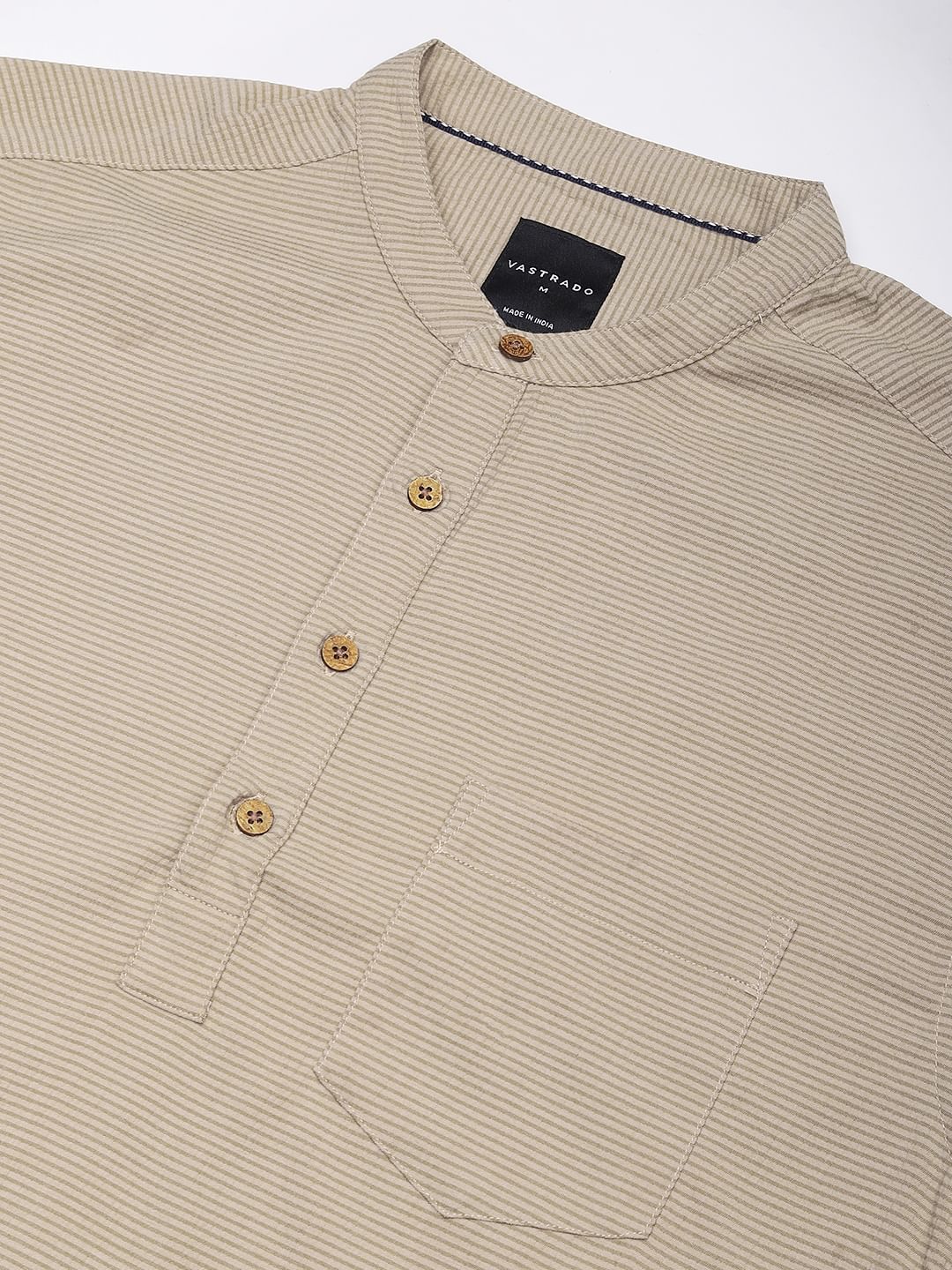 Tan Beige Horizontal Striped Seersucker Kurta