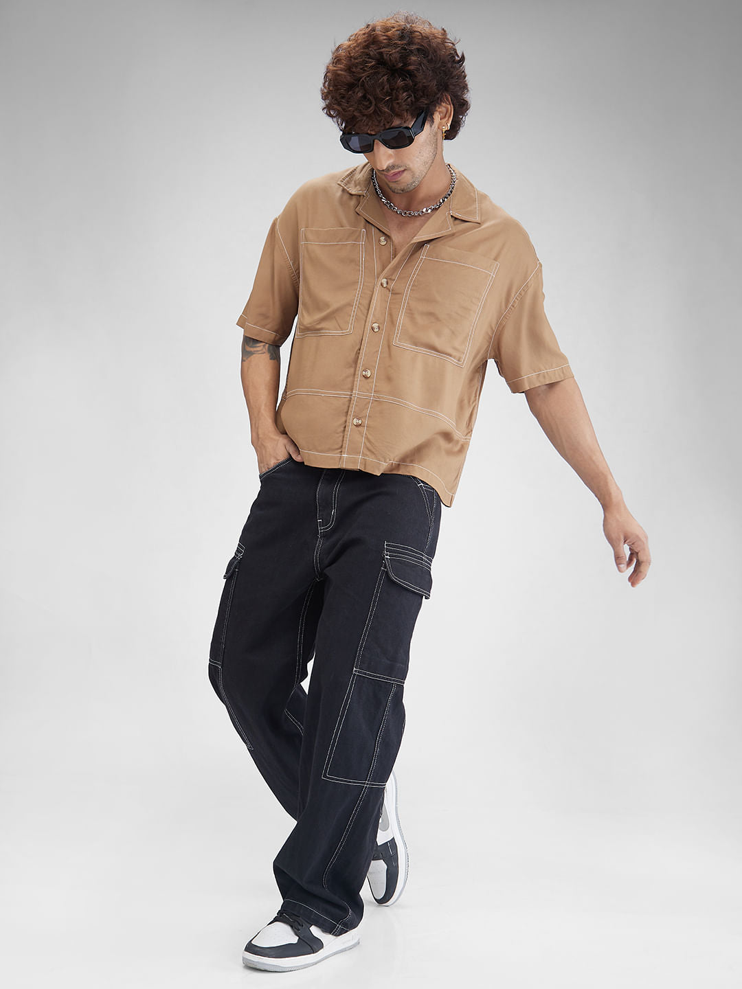 Khaki Double Pocket Oversized Cropped Shirt