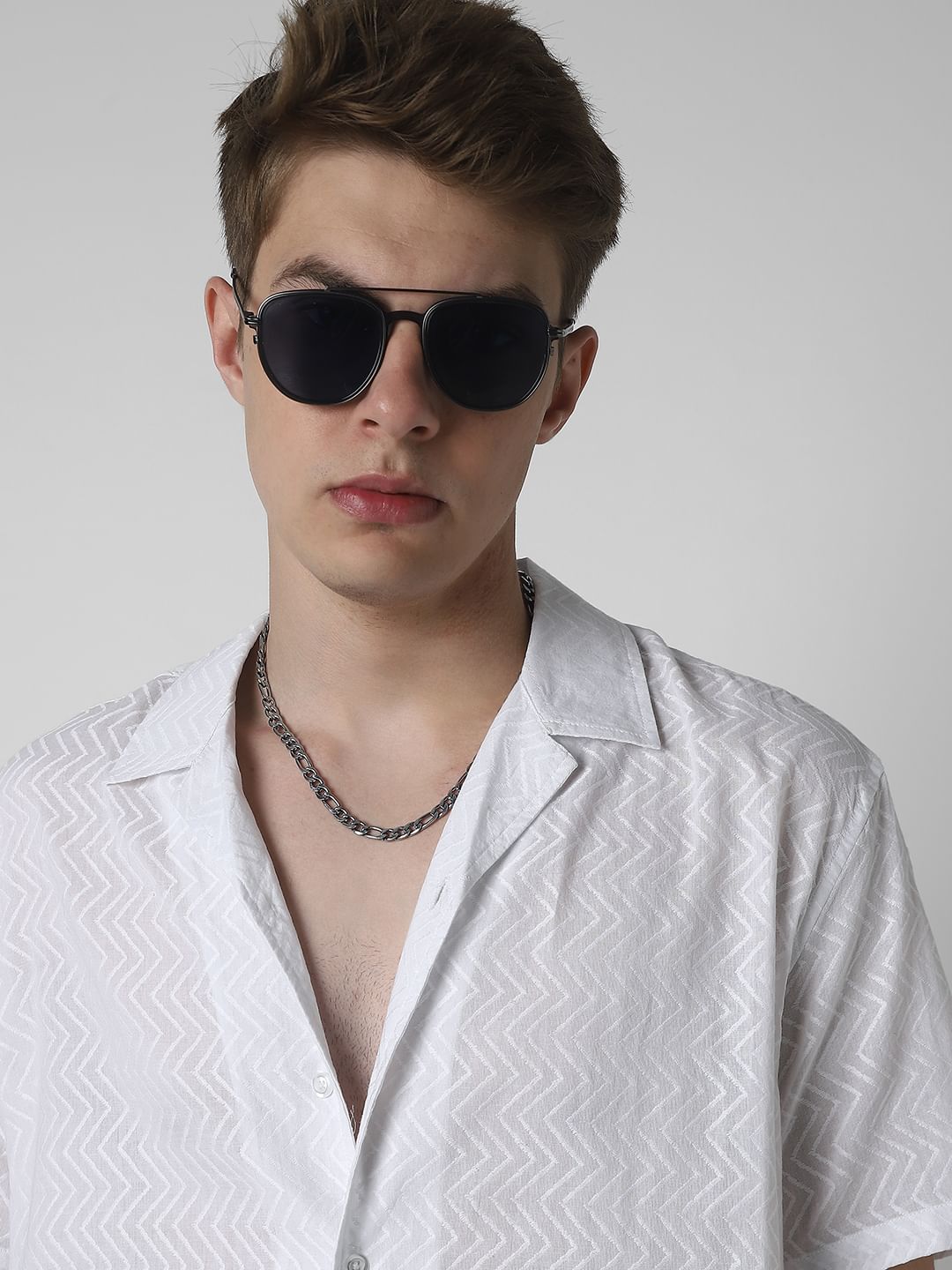 White Zig-Zag Textured Oversized Shirt