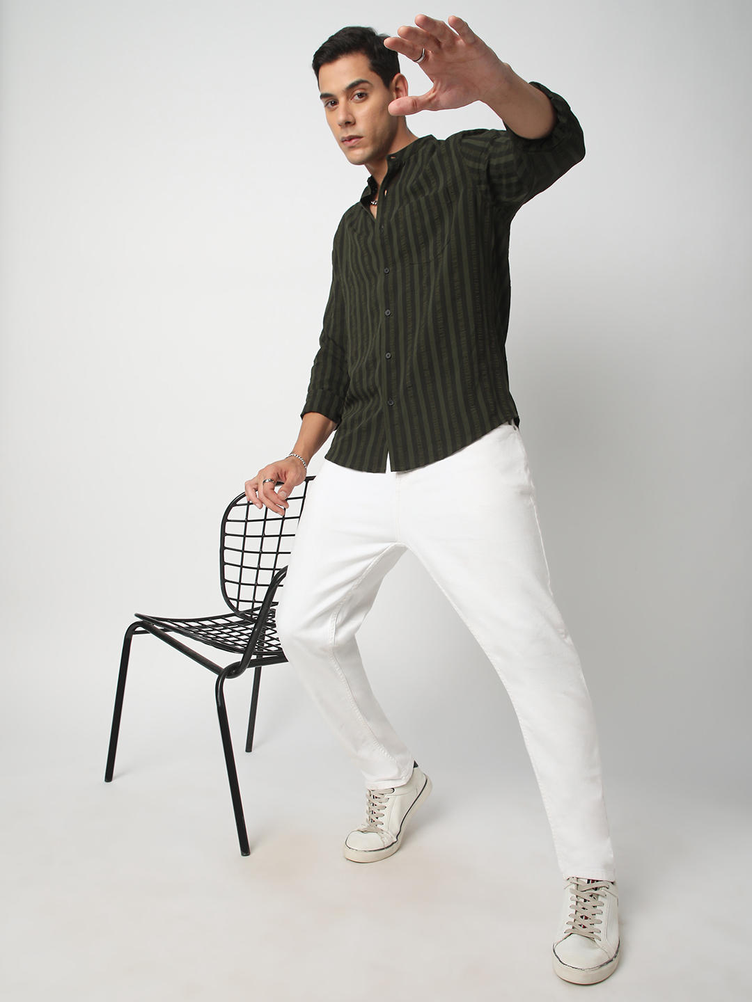 Olive & Black Striped Crinkled Mandarin Collar Shirt
