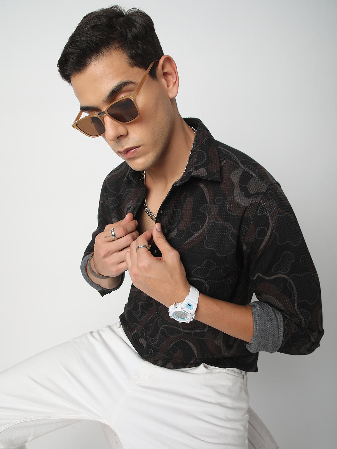 Waffle Black Abstract Printed Textured Shirt