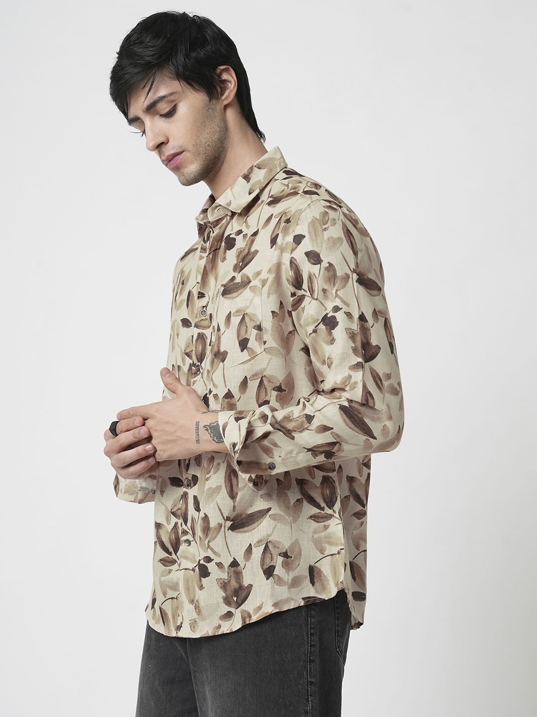 Camel Beige Artistic Floral Printed Linen Shirt