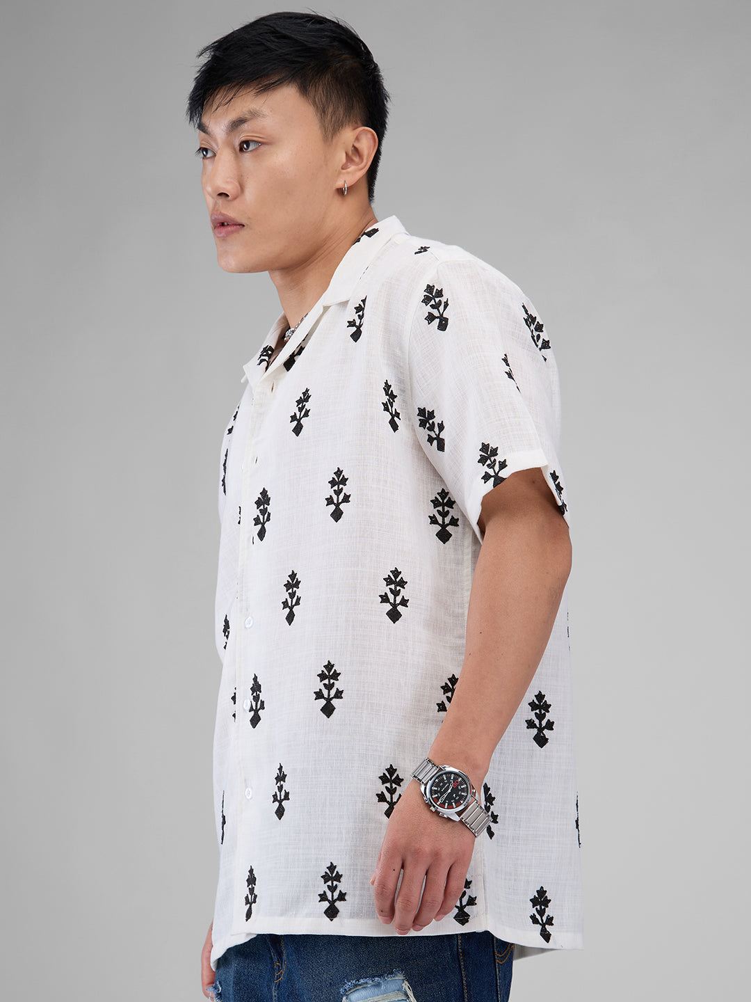 White & Black Motifs Embroidered Notch Collar Oversized Shirt