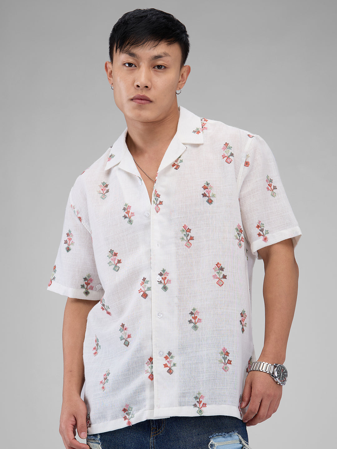 White Embroidered Notch Collar Oversized Shirt
