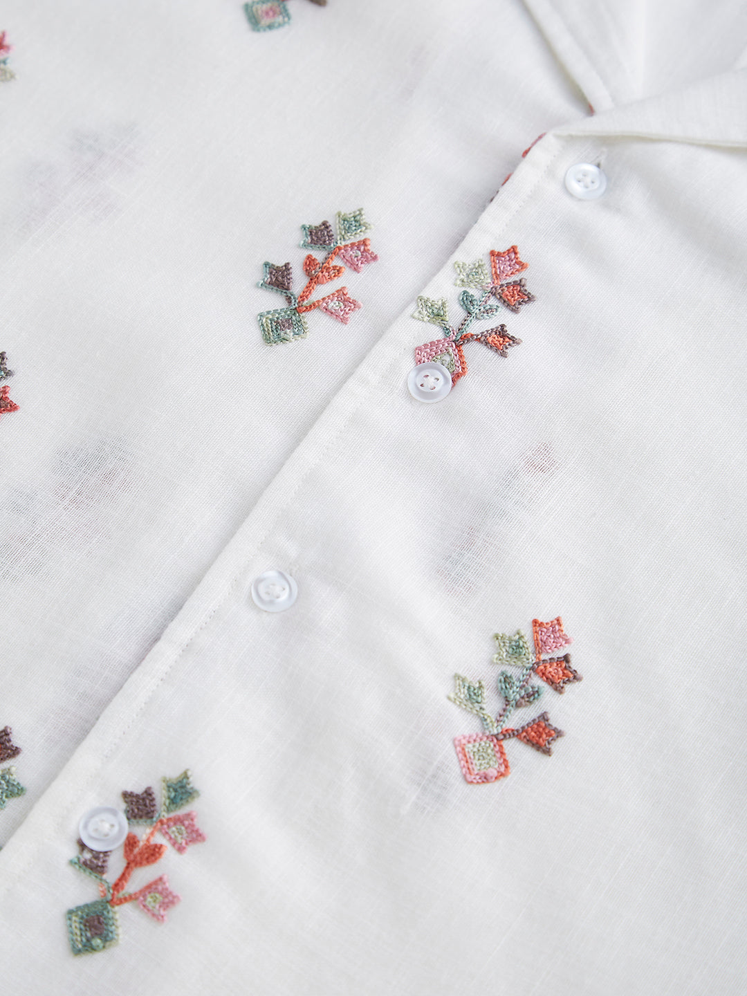 White Embroidered Notch Collar Oversized Shirt