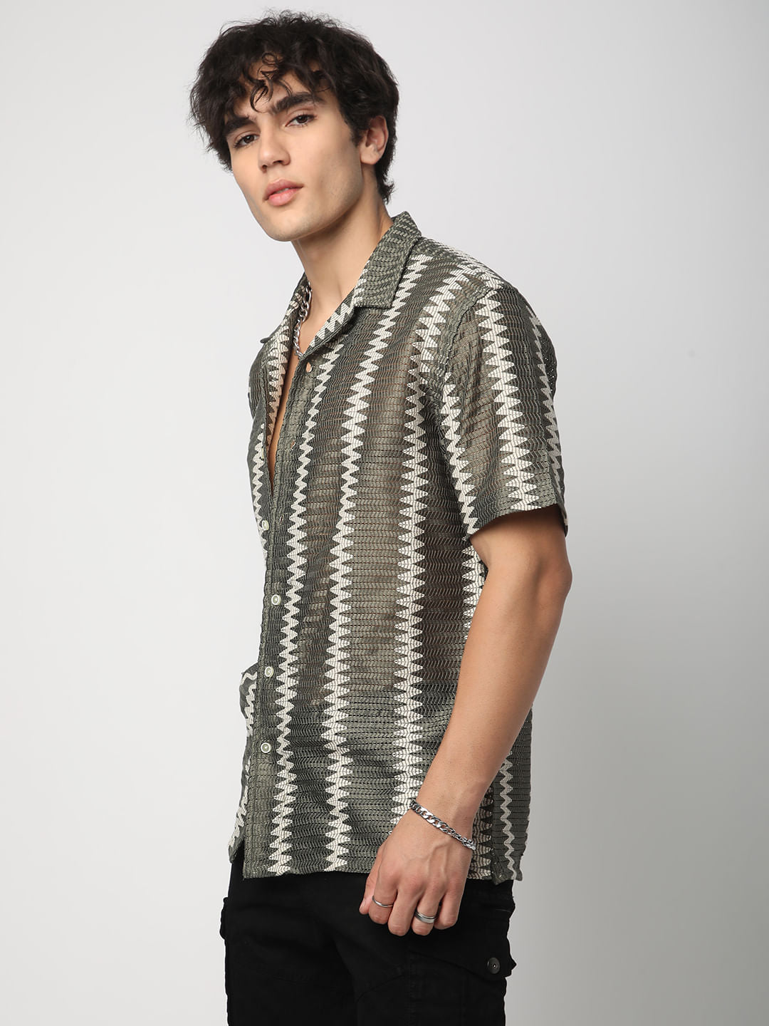 Zig-Zag Olive Crochet Oversized Shirt