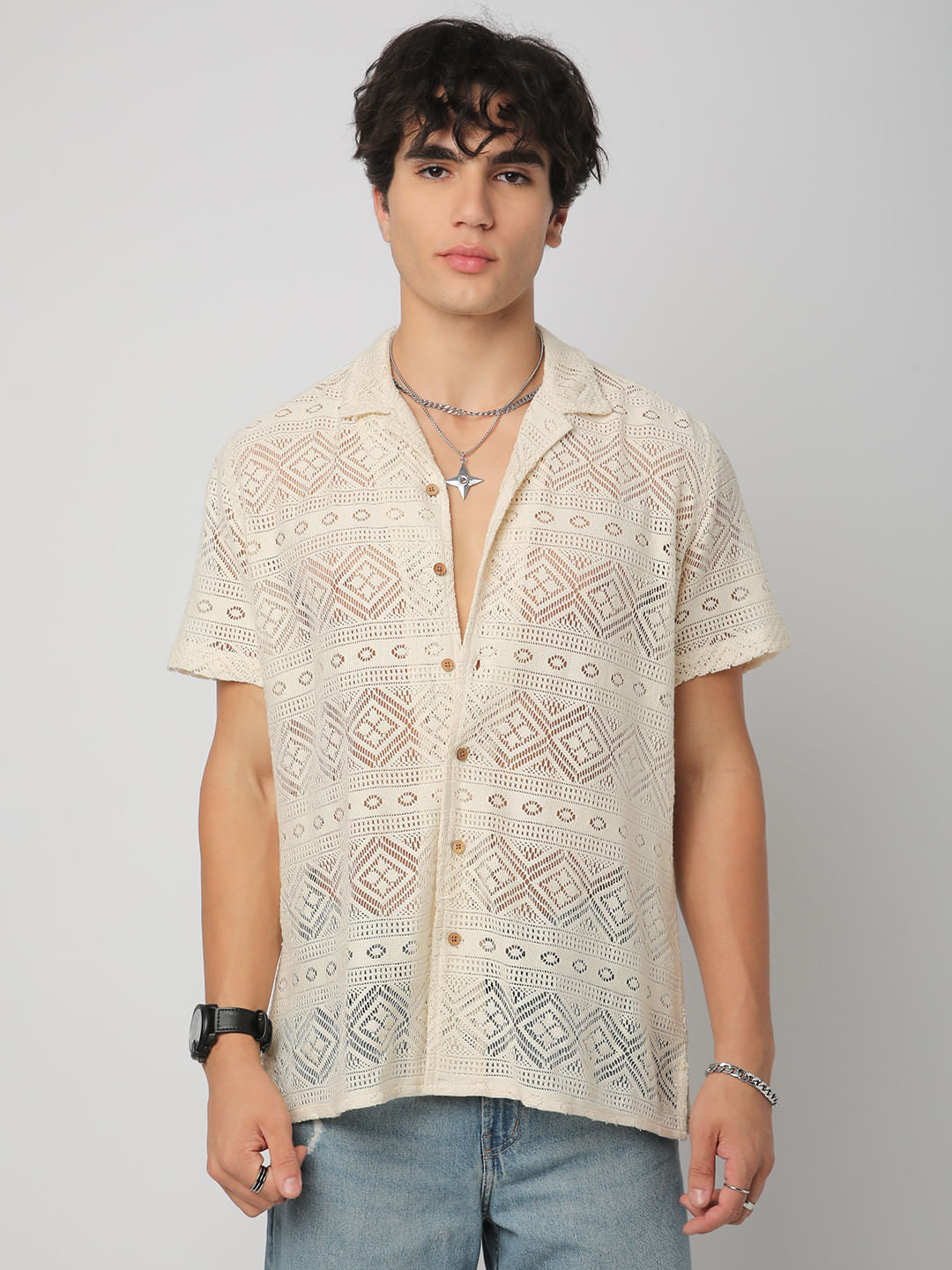 Finesse Ivory Breezy Mesh Crochet Oversized Shirt