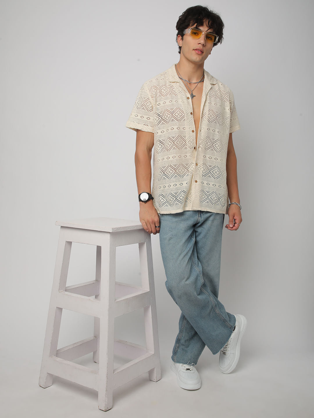 Finesse Ivory Breezy Mesh Crochet Oversized Shirt