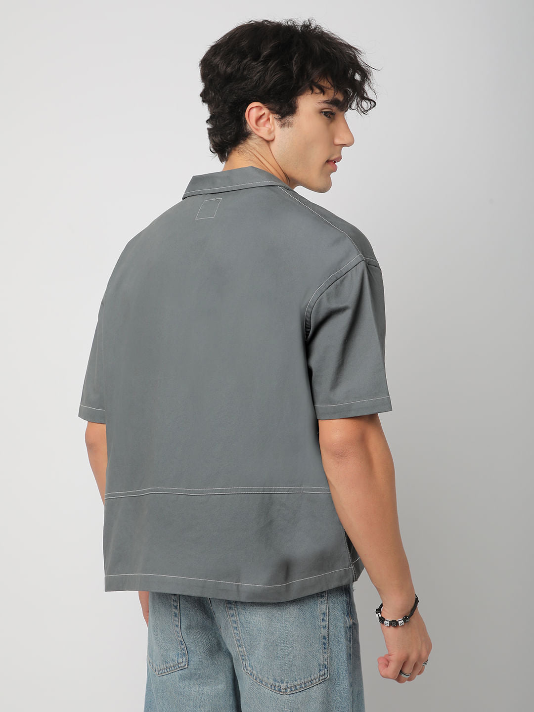 Porpoise Grey Double Pocket Oversized Cropped Shirt