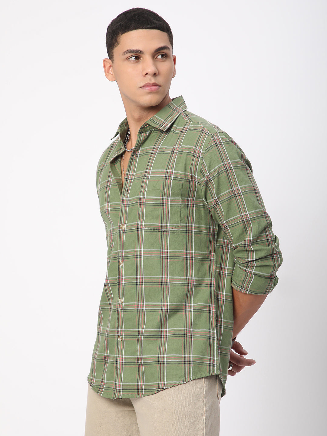 Premium Cotton Basil Green Tartan Checked Shirt