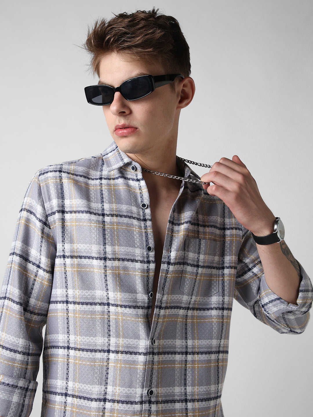 Fossil Grey Diamond Jacquard Checkered Shirt