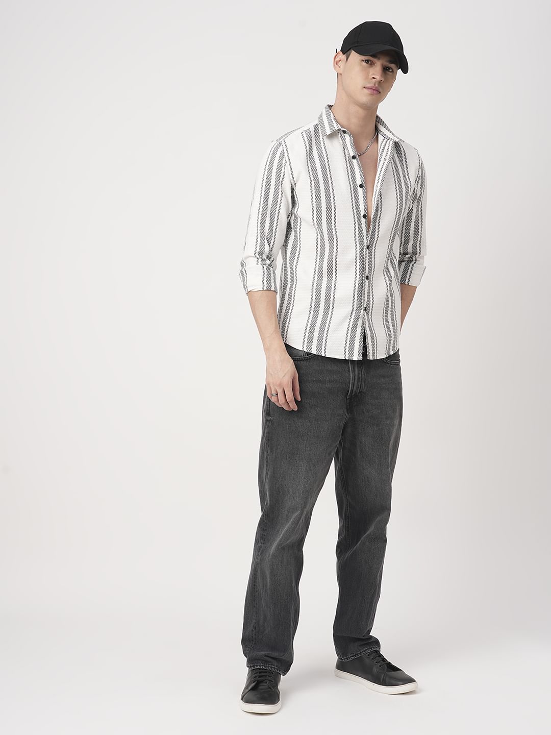 White & Black Twisted Striped Dobby Shirt