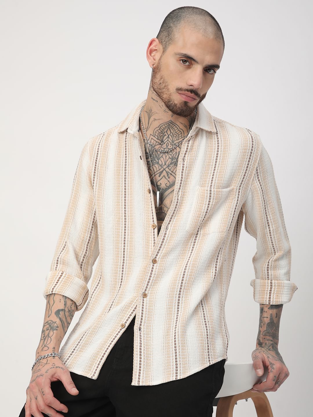 Beige Interweave Broad Striped Shirt